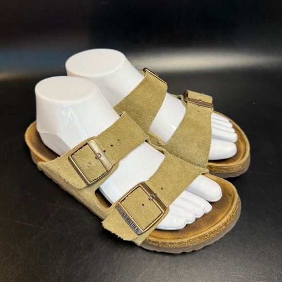 Birkenstock Arizona Suede Leather Tan Bronze Buckle Sandals Size 38 EU 7 US - Picture 1 of 5